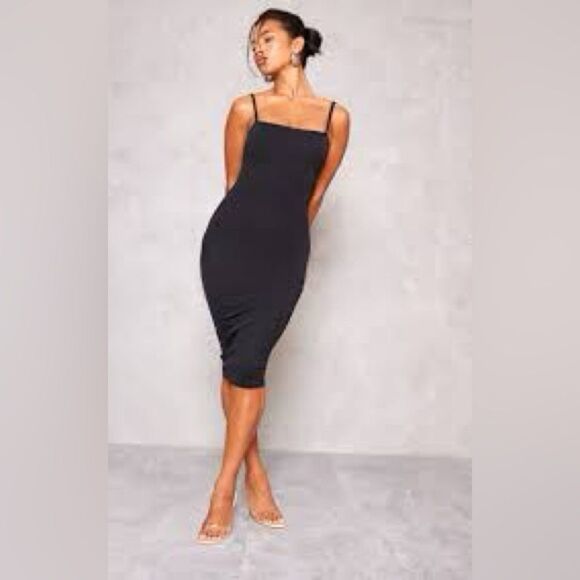 NWT Pretty Little Thing Black Second Skin Slinky Midi Dress Size 10 - Picture 1 of 8